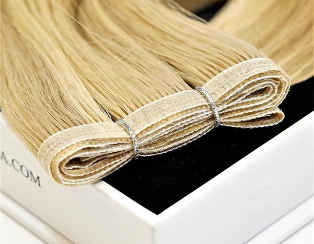 E-Weft 18" Hair Extensions Color R5P29 Medium Dark Brown to Light Ash Brown/Pale Golden Blonde Mix