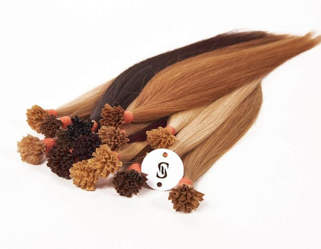 M-Tip 22" Straight Hair Extensions Color T61012 Medium Golden Brown / Medium Strawberry Blonde / Bright Beige Platinum